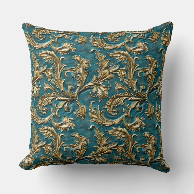 Vintage Teal gold tooled leather Cushion (Front)