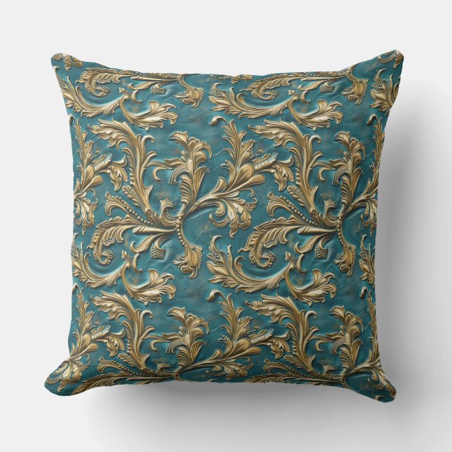 Vintage Teal gold tooled leather Cushion (Front)