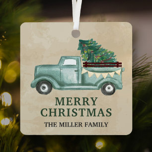 Vintage Teal Green Pickup Truck Christmas Metal Tree Decoration