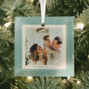 Vintage Teal Green Stripe Photo Keepsake Christmas Glass Tree Decoration
