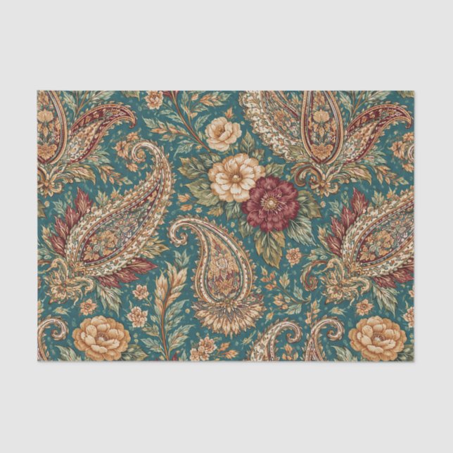 Vintage Teal Heirloom Paisley Garden Tissue Paper (Front)