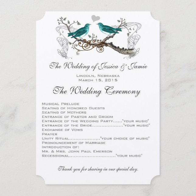 Vintage Teal Love Birds Wedding Program Programme (Front)