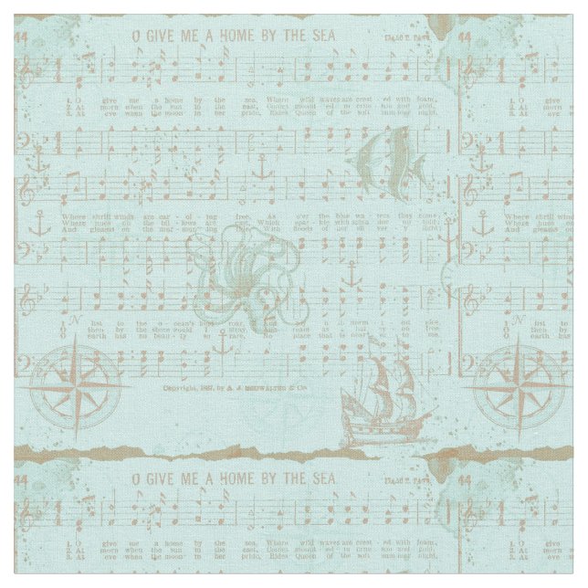 Vintage Teal Nautical Musical Sheet Fabric (Close Up)