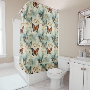 Vintage Teal Orange Butterfly Botanical Shower Curtain