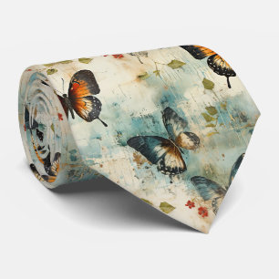 Vintage Teal Orange Butterfly Botanical Tie