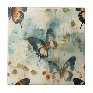 Vintage Teal Orange Butterfly Botanical Tile