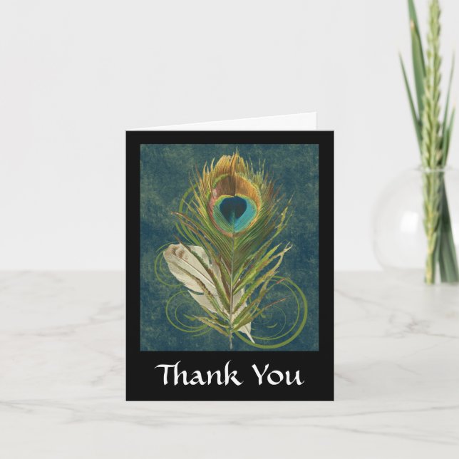 Vintage Teal Peacock Feather Thank You Card (Front)