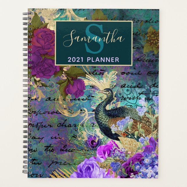 Vintage Teal, pink & Gold floral Peacock Planner (Front)