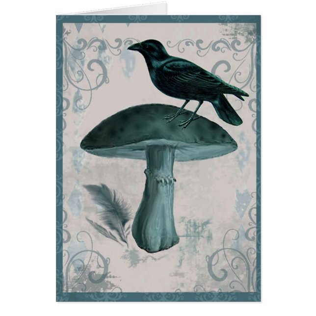 Vintage Teal Raven Mushroom Card (Front)