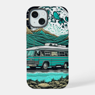 Vintage Teal RV Camper in the Mountains iPhone 15 Case