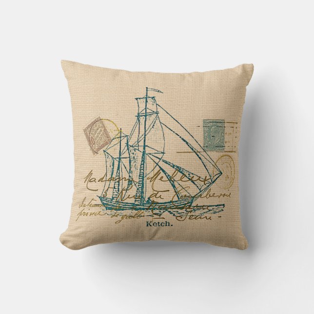 Vintage Teal Sailing Ship Nautical Pillow (Front)