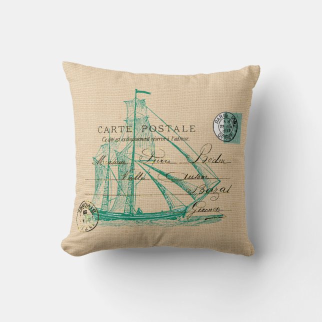 Vintage Teal Sailing Ship Nautical Pillow (Front)