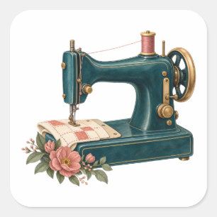 Vintage Teal Sewing Machine with Rose Florals Square Sticker