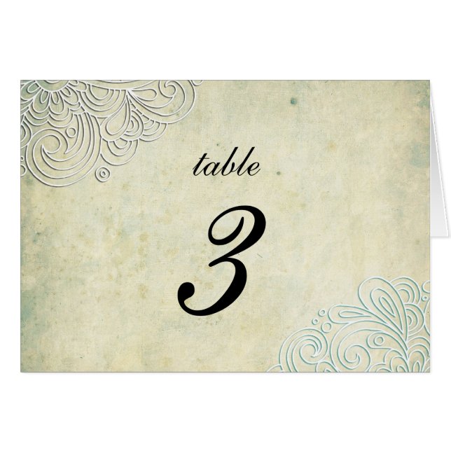 Vintage Teal Swirl Damask Wedding Table Number (Front Horizontal)