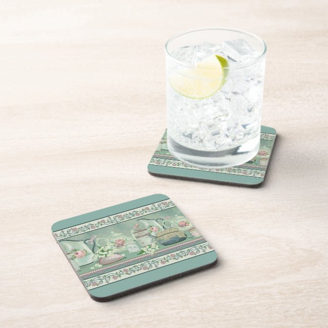 Vintage Teal Tea & Roses Coasters (Right Side)