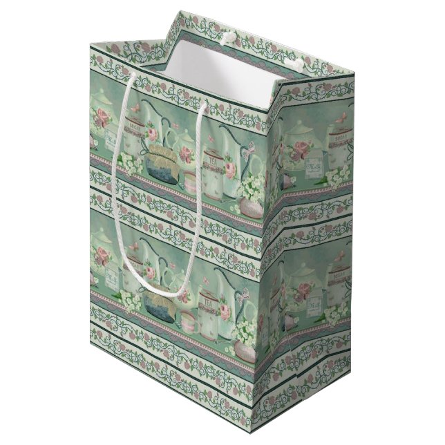 Vintage Teal Tea & Roses Gift Bag (Front Angled)