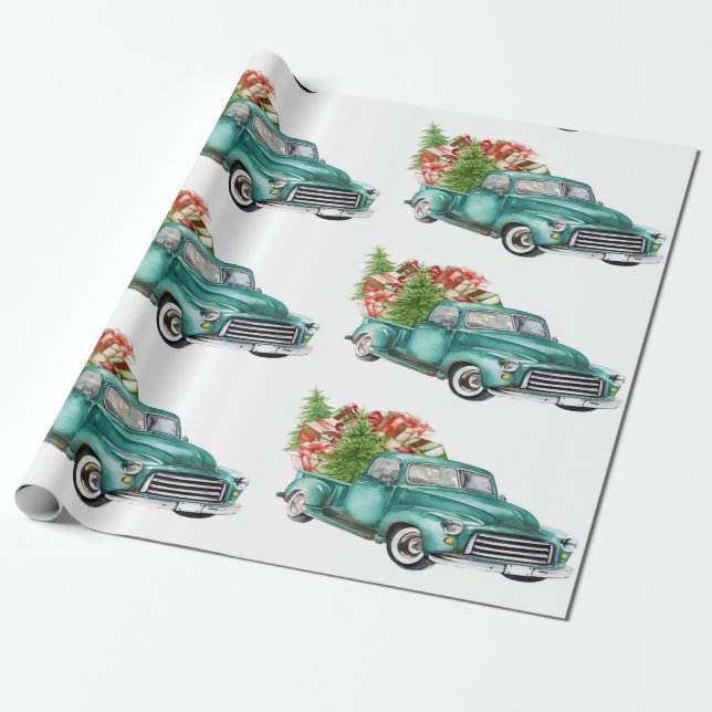 Vintage Teal Truck Presents Christmas tree  Wrapping Paper (Unrolled)