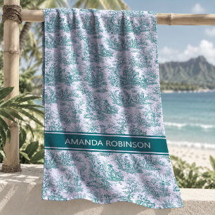 Vintage Teal Turquoise French Toile de Jouy Beach Towel