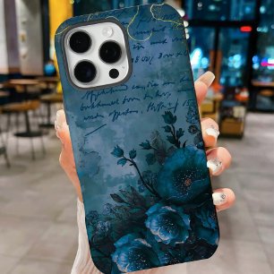 Vintage Teal Velvet Flora Scripted Elegance iPhone 16 Pro Max Case