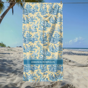 Vintage Teal Yellow French Toile de Jouy Pattern Beach Towel