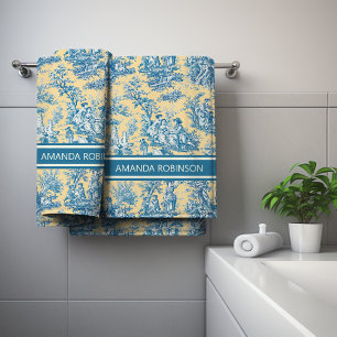 Vintage teal yellow toile de jouy printed bath towel set