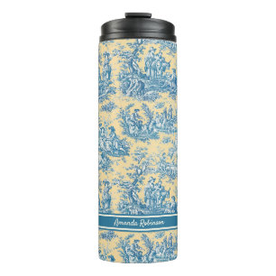 Vintage teal yellow toile de jouy printed thermal tumbler