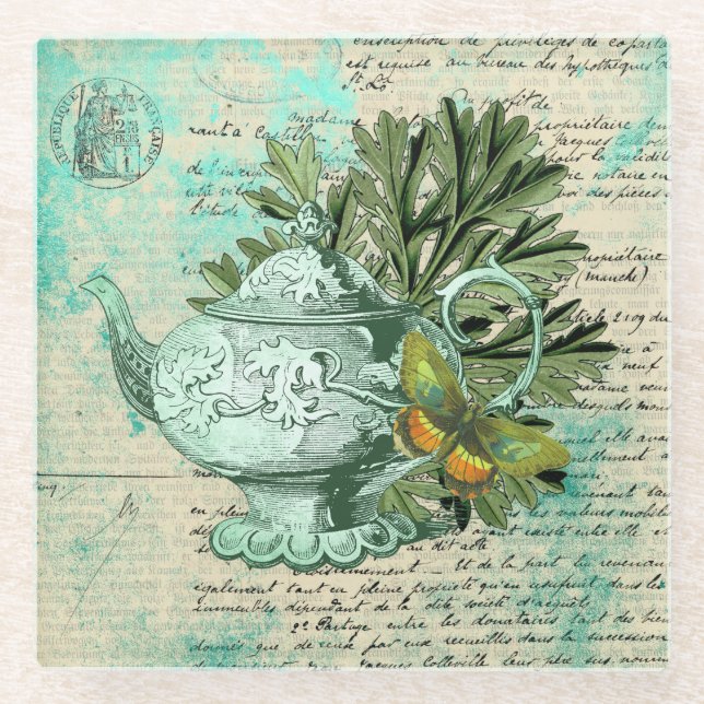 Vintage Teapot & Ephemera Collage Glass Coaster (Front)