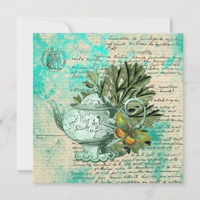Vintage Teapot & Ephemera Collage Greeting Card (Front)