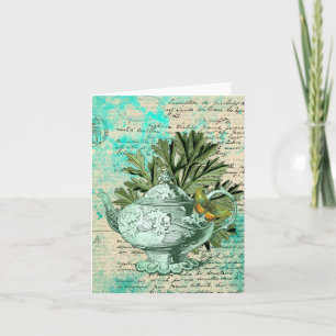 Vintage Teapot & Ephemera Collage Greeting Card