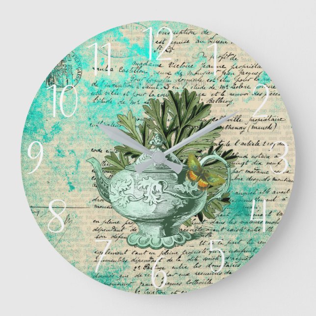 Vintage Teapot & Ephemera Collage Large Clock (Front)
