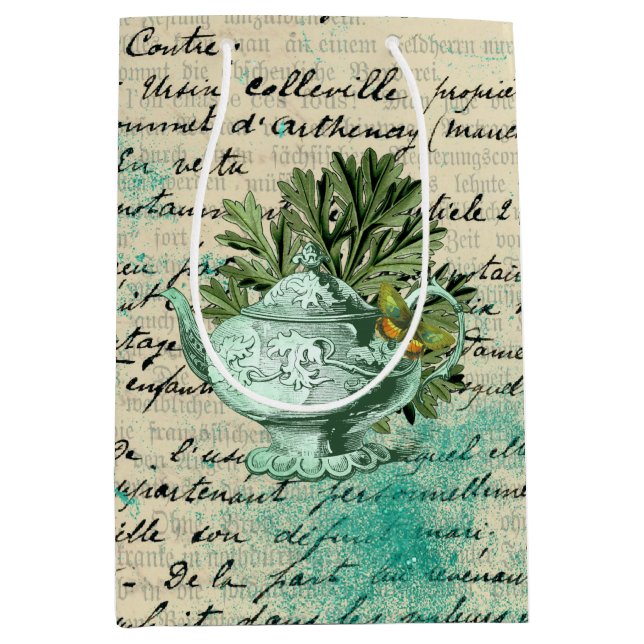 Vintage Teapot & Ephemera Collage Medium Gift Bag (Front)