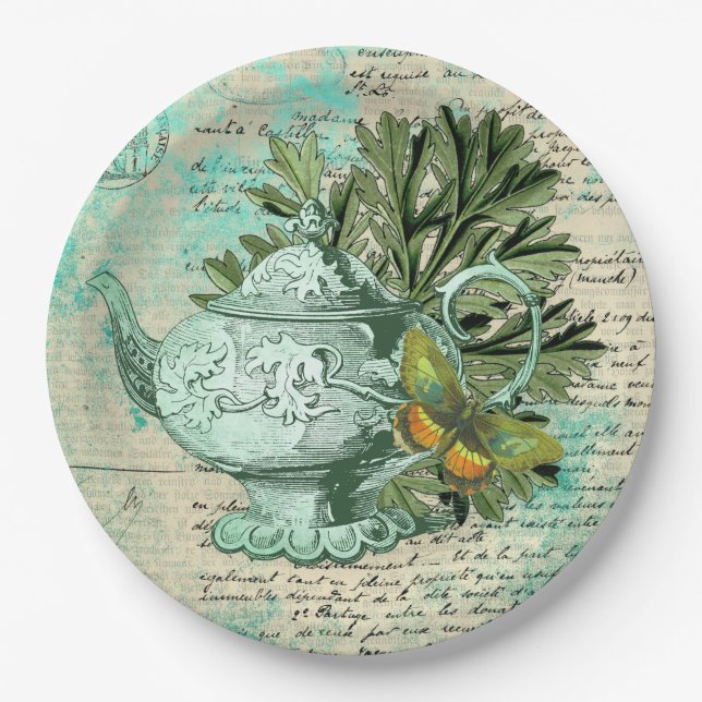 Vintage Teapot & Ephemera Collage Paper Plate (Front)
