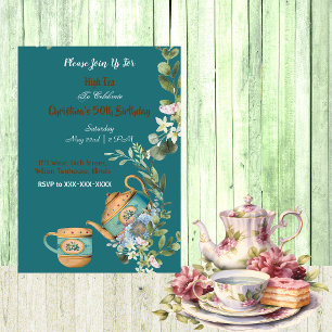 Vintage Teapot Floral Afternoon High Tea Birthday  Invitation