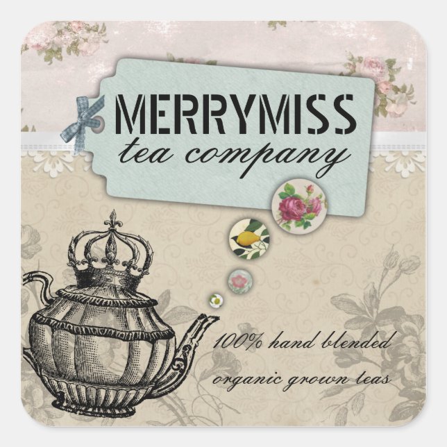 Vintage teapot flower bubble shabby chic tea label (Front)