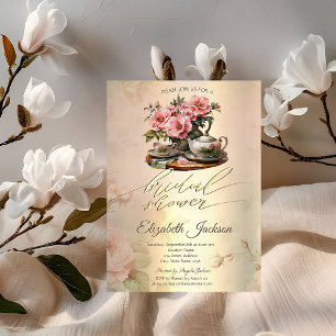 Vintage Teapot,Gold Diamonds Dress Bridal Shower Invitation