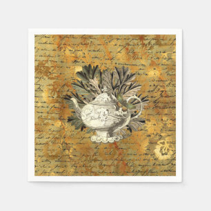 Vintage Teapot & Golden Ephemera Paper Napkin