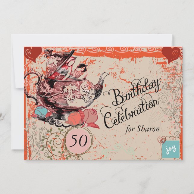 Vintage Teapot Grunge Custom Birthday Invite (Front)