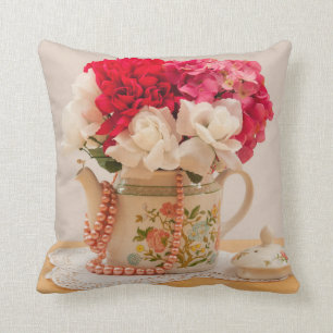Vintage Teapot Vase of Flowers Cushion