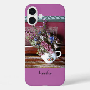 Vintage Teapot with Flowers, Purple, Orchid, Name iPhone 16 Plus Case