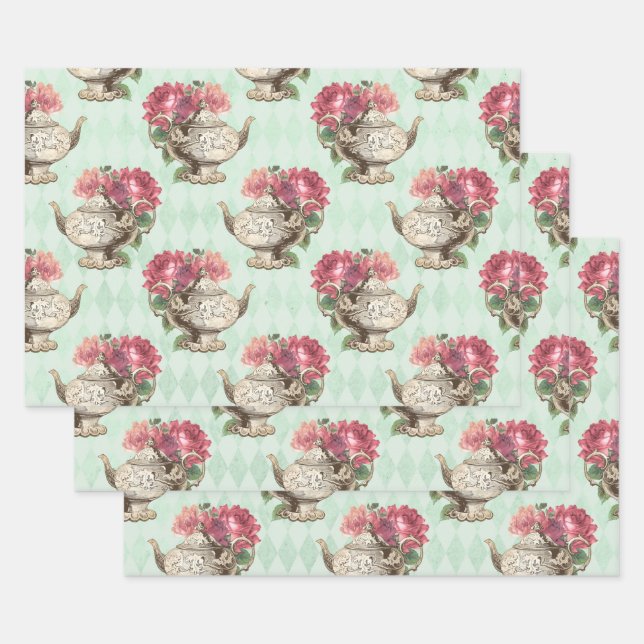 Vintage Teapots and Roses Wrapping Paper Sheet (Set)