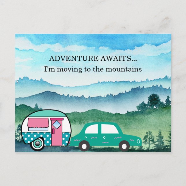 Vintage Teardrop Camper Mountains Address Change Announcement Postcard (Front)
