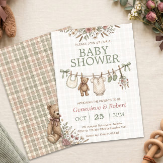 Vintage Teddy Bear Baby Shower Clothesline Sage Invitation