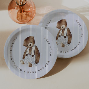 Vintage Teddy Bear Blue Pinstripe Paper Plate