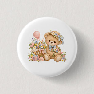 Vintage Teddy Bear Celebration with Wildflowers  3 Cm Round Badge