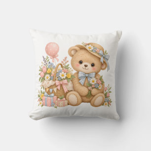 Vintage Teddy Bear Celebration with Wildflowers Cushion