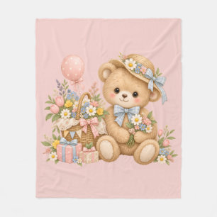 Vintage Teddy Bear Celebration with Wildflowers Fleece Blanket