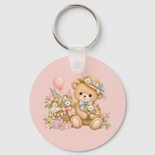 Vintage Teddy Bear Celebration with Wildflowers Key Ring (Front)
