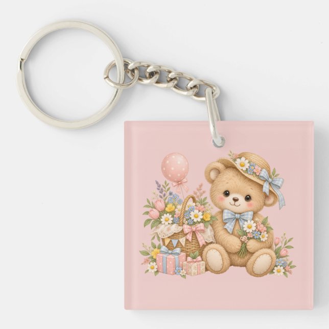 Vintage Teddy Bear Celebration with Wildflowers Key Ring (Front)