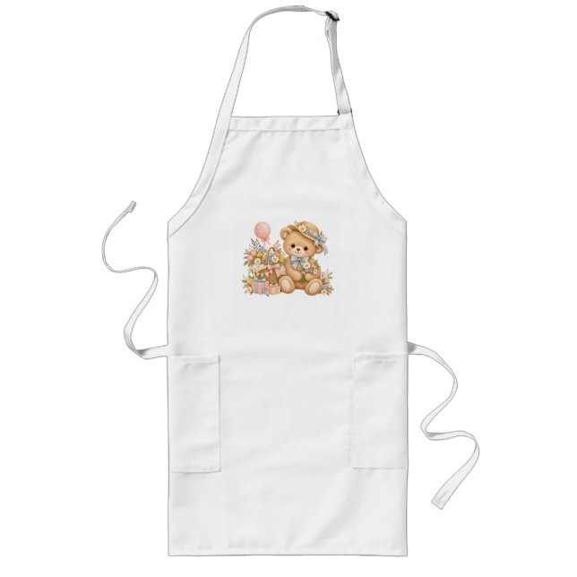 Vintage Teddy Bear Celebration with Wildflowers  Long Apron (Front)