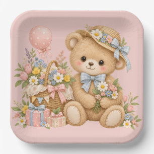 Vintage Teddy Bear Celebration with Wildflowers  Paper Plate